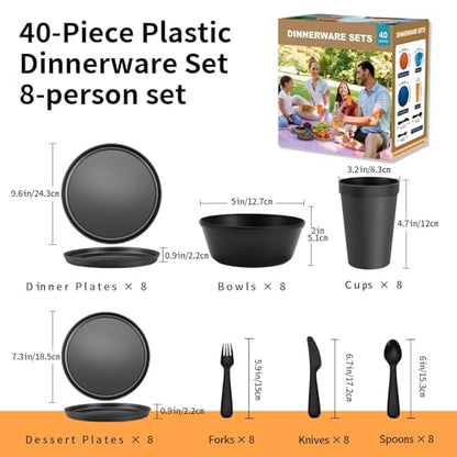 40 Piece Plastic Dinnerware Set for 8 with Cutlery, Unbreakable Plates and Bowls Set, Dishwasher & Microwave Safe Reusable Dish Set for Camping, RV, Outdoor Kitchen, Apartment Dining,Rainbow Multicol - color: Tropical