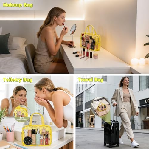 Clear Yellow Star Large Makeup Bag with Star Pattern 12x5x8 inch, Travel Cosmetic Bag with Handle, Durable PVC Material Washbag Zipper Opening Design for Makeup Travel Organizer or Gym Use - color: Yellow, style: Star