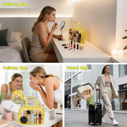 Clear Yellow Star Large Makeup Bag with Star Pattern 12x5x8 inch, Travel Cosmetic Bag with Handle, Durable PVC Material Washbag Zipper Opening Design for Makeup Travel Organizer or Gym Use - color: Yellow, style: Star