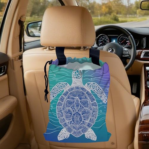 Sea Turtle Car Garbage Bag,Blue Marine Turtle Small Car Trash Bag Hanging Back of Seat,Drawstring Car Trash Bag with Adjustable Buckle,Car Accessories for Camping Travelling - color: Sea Turtle