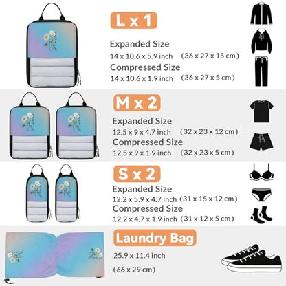 Custom 6 Set Compression Packing Cubes for Travel, Personalized Lightweight Luggage Organizer Bags with Birth Flower, Expandable Large Expandable Packing Organizer, Light Blue - color: Blue Pinks Purple
