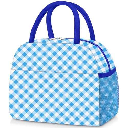 KUBYA Lunch Box for Women Adult Men, Cute Insulated Lunch Bag Women Reusable Large Lunch Boxes Tote Bag Leakproof Simple Thermal Cooler Bag for Work Office Picnic - color: B-Blue Grid, size: Medium - 10L