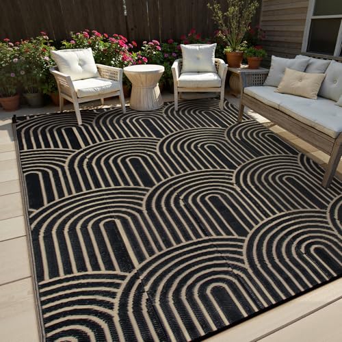 Lahome 6x9 Outdoor Rugs for Patios, Waterproof Black Outdoor Rug for Camping,Portable Plastic Straw Mats for Outside Your Rv Beach Backyard Garden Under Awning(Black,6'x9') - color: Black-rainbow, size: 6' x 9' (Rectangular)