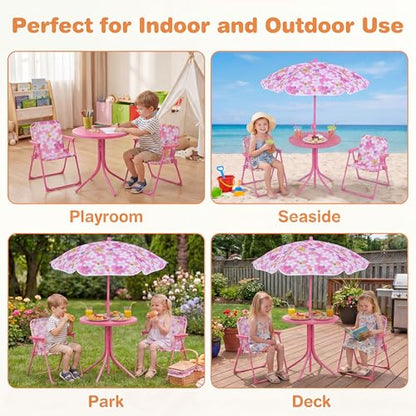 HONEY JOY Kids Picnic Table, Animal Themed Toddler Outdoor Table and Chair Set, 2 Folding Chairs & Removable Umbrella, Children Outdoor Furniture for Backyard Patio Garden (Pink Bee) - color: Pink Bee