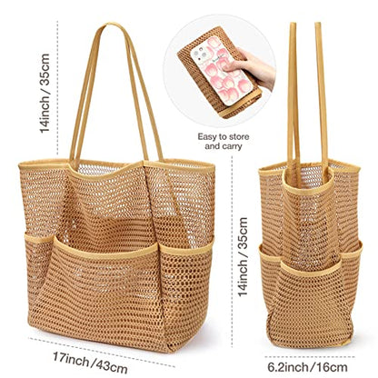 KPX Beach Bag with Mini Pocket, Summer Beach Tote Bags for Women Large Foldable Mesh Swimming Pool Travel Bags - Sandproof - color: Khaki