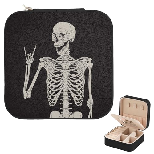 Halloween Skeleton Travel Jewelry Case Portable PU Leather Mini Jewelry Travel Case Small Jewelry Box Earring Holder Organizer Storage for Earrings Necklaces Women Little Girls Kids Gift - color: Halloween Skeleton