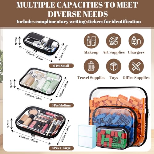 12 Pack Clear Hard Shell Zipper Case with 40 Labels, X-Large/Medium/Small Stackable Clear Pouches, Crush-resistant Travel Toiletry Bag Organizer for Makeup Board Games Electronics (Black)