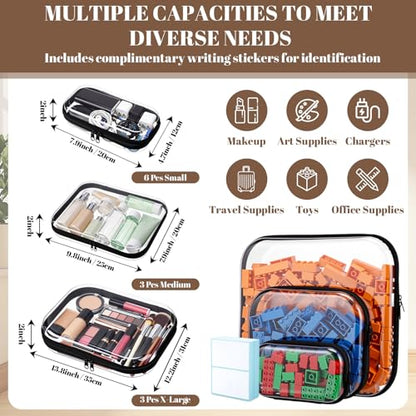 12 Pack Clear Hard Shell Zipper Case with 40 Labels, X-Large/Medium/Small Stackable Clear Pouches, Crush-resistant Travel Toiletry Bag Organizer for Makeup Board Games Electronics (Black)