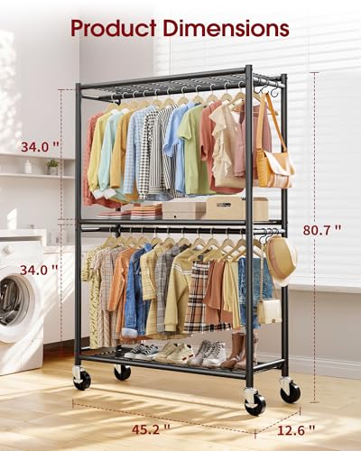 Sakugi Clothes Rack - Double Hanging Rod Clothing Rack with Wheels & Leveling Feet, Large Capacity Wardrobe Closet with Shelves for Bedroom, Laundry Room, Entryway, 45.2" x 12.6" x 80.7", Black - color: Black, size: XX-Large
