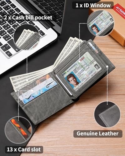 Artpaxy Mens Wallet Bifold Genuine Leather RFID Blocking Wallet for Men with 1 ID Windows 13 Card Holders 2 cash pockets 1 Gift Box - color: Dark Gray
