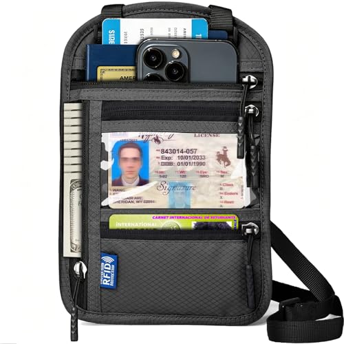 Neck Wallet for Travel, RFID Blocking Passport Holder - Slim Travel Pouch with Adjustable Strap | Holds Phone, Cards, Cash, Documents | Water-Resistant & Secure for Men & Women - color: Dark Grey