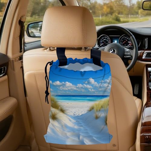 Summer Beach Car Garbage Bag, Compact 5.1L Canvas Trash Can with Drawstring Closure, Perfect for Cars, SUVs, RVs, and More - color: Summer Beach