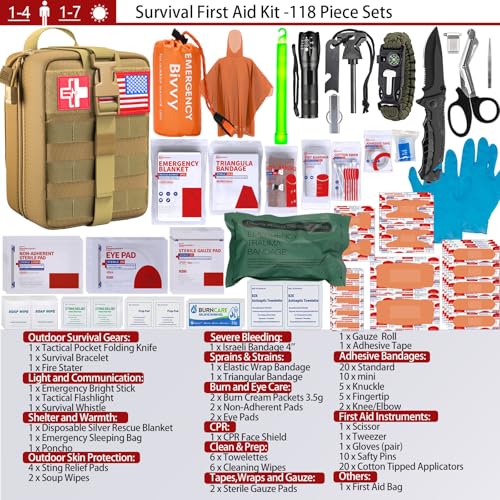 [Upgrade] Survival First Aid Kit Outdoor Molle System with Tactical Gear Set Trauma Kit for Camper Travel Hunting Hiking and Adventures - color: Tan