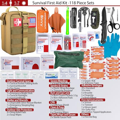 [Upgrade] Survival First Aid Kit Outdoor Molle System with Tactical Gear Set Trauma Kit for Camper Travel Hunting Hiking and Adventures - color: Tan