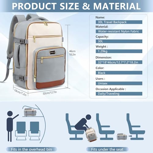 Travel Laptop Backpacks, 30L Carry On Backpack with 3 Packing Cubes, Travel Backpack for Women Airline Approved, Overnight Weekender Backpacks (Light Grey) - color: Grey