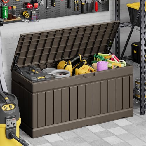 Devoko 78 Gallon Deck Box, Waterproof Resin Outdoor Storage Box for Outside and Patio, Outdoor Storage Bench Lockable for Patio Furniture, Garden Tools and Pool Supplies (Brown, 78 Gallon) - color: Brown, size: 78 Gallon 1 Pack