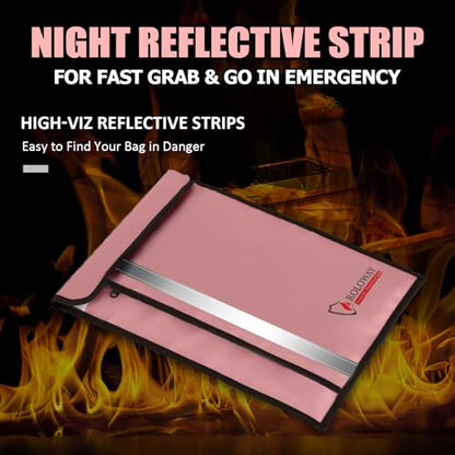 ROLOWAY Fireproof Document Bag (15 x 11 inch) with 2 Pockets & Waterproof Zipper, Fireproof Money Bag, Fire Safe Bag with Reflective Strip, Fireproof Envelope for Cash, Legal Documents Safe (Pink) - size: 15 x 11 inch, style: Fireproof Bag (Lovey Rose)
