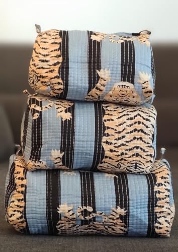 YILLE Set of 3 Pieces Block Printed Travel Organizer Kit Storage Bag for Women Makeup Bag Travel Cosmetic Bag (Black Grey Fat tiger) - color: Black Grey Fat tiger