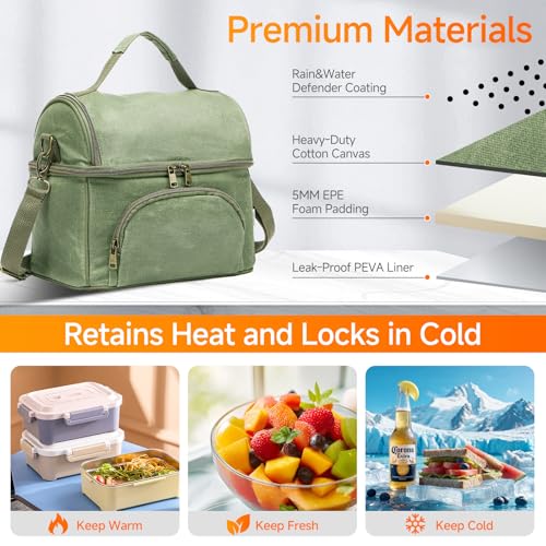 Waxed Canvas Lunch Bag with 2 XL Ice Packs, Canvas Lunch Box, Lunch Cooler for Men Work, 10.5L 2 Compartments Insulated Leakproof Cooler Bags for Camping, Beach and Road Trips - color: London Green