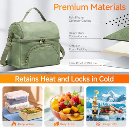 Waxed Canvas Lunch Bag with 2 XL Ice Packs, Canvas Lunch Box, Lunch Cooler for Men Work, 10.5L 2 Compartments Insulated Leakproof Cooler Bags for Camping, Beach and Road Trips - color: London Green