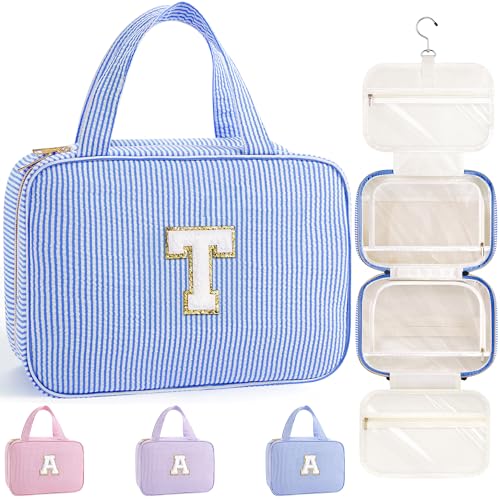 TOPEAST Hanging Toiletry Bag for Women - Travel Toiletry Bag Makeup Bag, Portable Toiletries Cosmetic Bag, Airplane Travel Essentials - Letter T, Blue - color: Blue, style: T