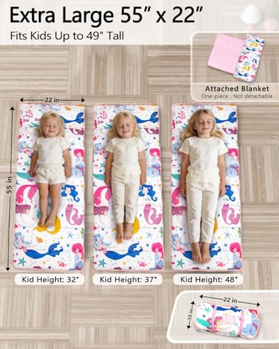 Primlect Thickened Toddler Nap Mat with Removable Pillow and Minky Blanket, Extra Large 55''x35'' Sleeping Bag, Washable, Roll up, Perfect for Daycare, Preschool, Kindergarten, Boys and Girls Mermaid - color: Mermaid