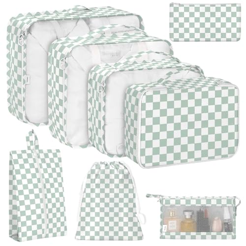 KPX 8 Set Packing Cubes for Travel, Luggage Packing Organizers Accessories Large Toiletries Bag for Clothes Shoes Cosmetics (8Set-Green Checkered) - color: 8Set-Green Checkered
