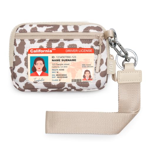 YDF Small Nylon Wristlet Wallet for Women, Minimalist Zip Keychain Coin Purse Card Case with Clear ID Window, Water-Resistant Pouch - color: Beige Leopard