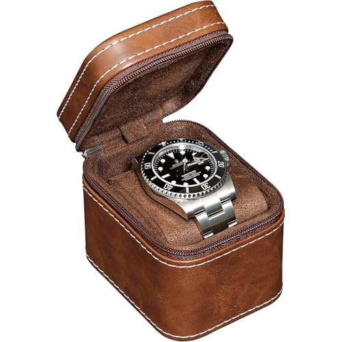 ROTHWELL Single Watch Travel Case | Compact PU Leather Protective Box with Microsuede Interior | Fits Watches & Smartwatches Up to 55mm (Tan/Brown) - color: Tan/Brown