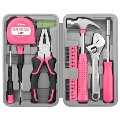 Hi-Spec Pink Tool Set 20-Piece. Ladies’ Starter Basic Hand Tools in a Compact Toolbox Case for Household and Office Repairs and Maintenance. - color: Light Pink