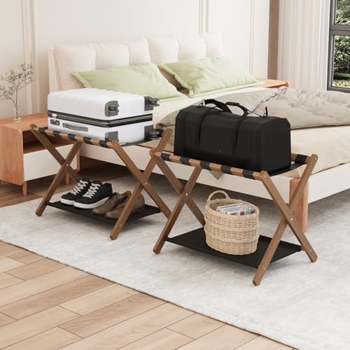Smuxee Walnut Bamboo Luggage Rack Pack of 2, Foldable Suitcase Stand with Storage Shelf, Easily Assembled Luggage Stand with 5 Nylon-Straps for Guest Room Hotel Bedroom - color: Walnut 2PCS