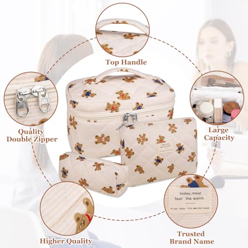 Gosect 3PC Makeup Bag Set, Quilted Makeup Bag, Large Floral Cosmetic Bag for Women, Cute Cotton Makeup Bags, Flower Travel Toiletry Organizer Bag (Bear) - color: Bear