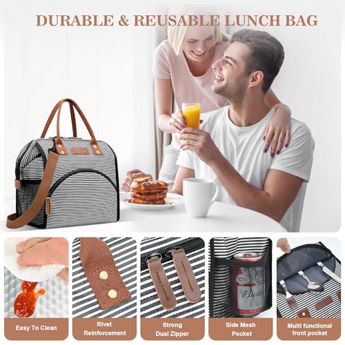 LOKASS Lunch Bag Insulated Lunch Box Wide-Open Lunch Tote Bag with Removable Shoulder Strap for Women/Men Adults Work Picnic Hiking Beach Fishing(Stripes) - color: Black&White Stripes-Straps