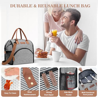 LOKASS Lunch Bag Insulated Lunch Box Wide-Open Lunch Tote Bag with Removable Shoulder Strap for Women/Men Adults Work Picnic Hiking Beach Fishing(Stripes) - color: Black&White Stripes-Straps