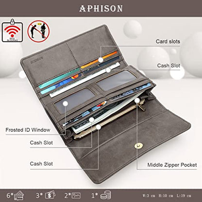 APHISON Womens Wallets RFID Blocking Leather Clutch Long Wallet for Women Card Holder Phone Organizer Ladies Travel Purse Hollow Out Sunflower Design Gift - color: dark-gray