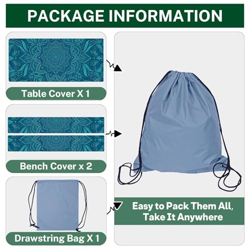 Picnic Table Cover with Bench Covers Elastic Edges, Boho Teal Camper Fitted Table Cover, Outdoor Camping Essentials 72 Inch 3PCS, Waterproof Camping Fitted Tablecloth with Drawstring Bag - color: Boho Teal, size: 72in
