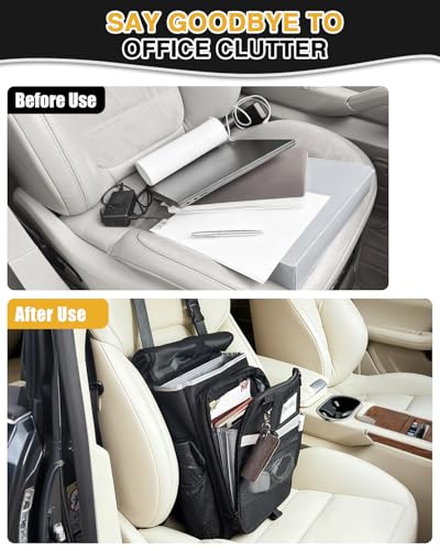 Car Front Seat Organizer with Accordion File Pocket | Laptop Sleeve (Up to 15.6 In) | Privacy Flap | Cup Holders | Adjustable Straps | Holds Tablets, Files, Supplies | for Work on the GO