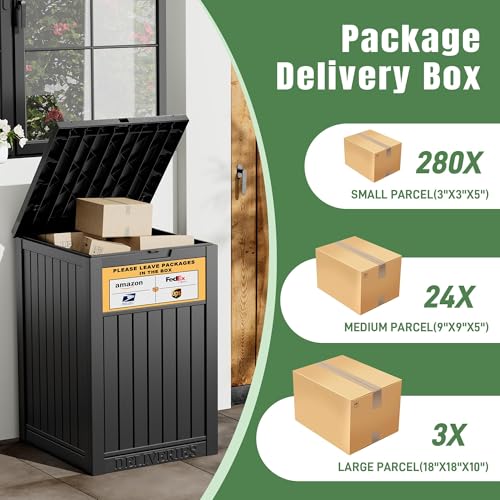 Package Delivery Box for Outside with Sign, Secure Lockable Waterproof Package Delivery Container, Resin Deck Box for Porch & Garden, Classic Black - color: 021 Classic Black