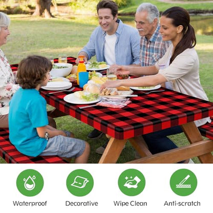 Picnic Table Cover with Bench Covers, Fitted 6ft Waterproof Tablecloth Set for Outdoor Camping & RV - Includes 1 Table Cover & 2 Bench Covers with Drawstring Storage Bag, 30"x72", Red Black Grid - color: Red Black Grid