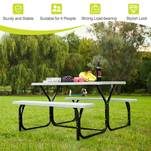 GYMAX Picnic Table, Picnic Bench Easy to Assemble w/All Weather Wood Grain Tabletop & Metal Frame, Picnic Tables for Outdoors Camping Backyard Deck Patio Poolside Dining Party - color: White