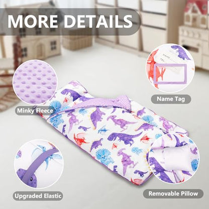 Primlect Thickened Toddler Nap Mat with Removable Pillow and Minky Blanket, Extra Large 55''x35'' Sleeping Bag, Washable, Roll up, Perfect for Daycare, Preschool, Kindergarten, Boys and Girls Dinosaur - color: purple