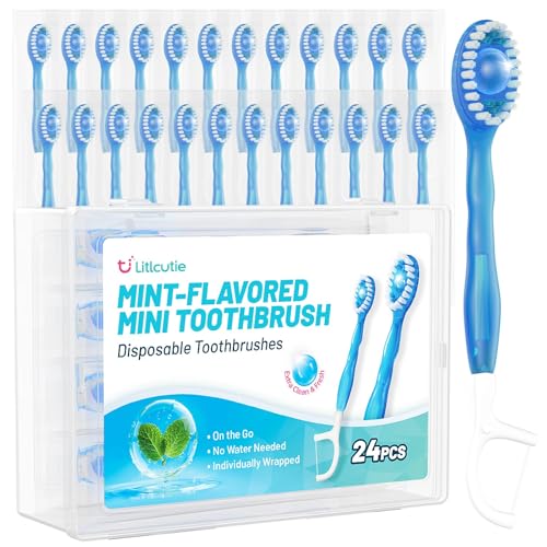 24 Pack 5 in 1 Disposable Mini Toothbrushes with Toothpaste, Floss, Pick & Tongue Scraper, Individually Wrapped, Portable Toothbrush Travel Set for Kids Adults, Mint Flavor - color: Mint Flavor, size: 1 Count (Pack of 24)