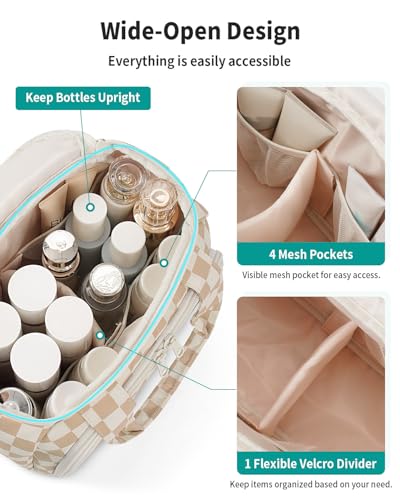 Narwey Checkered Travel Toiletry Bag for Women Large Makeup Bag, Wide-open Cosmetic Make Up Organizer with Handle, Travel Bag for Toiletries, Essentials, Accessories (Light Brown Checkerboard) - color: Light Brown Checkerboard