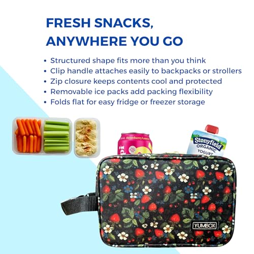 Yumbox Chill Snack Bag includes 2 Removable Gel Ice Packs, Freezable Cooler Bag for School Lunch, Work, Pre-school, Foldable, Spacious, Lightweight Strawberry Fields Print - color: Strawberries