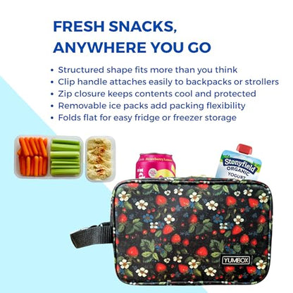 Yumbox Chill Snack Bag includes 2 Removable Gel Ice Packs, Freezable Cooler Bag for School Lunch, Work, Pre-school, Foldable, Spacious, Lightweight Strawberry Fields Print - color: Strawberries