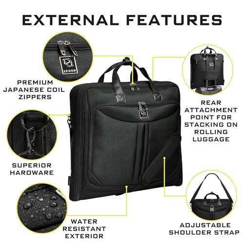 ZEGUR Premium Suit Garment Bag Carry On - Hangs 4 Suits - Travel & Business with Shoulder Strap and Laptop Compartment - color: Black