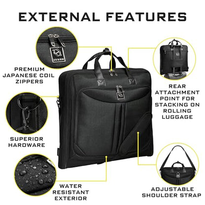 ZEGUR Premium Suit Garment Bag Carry On - Hangs 4 Suits - Travel & Business with Shoulder Strap and Laptop Compartment - color: Black