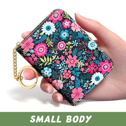 Aiawoxc Credit Card Holder, Small RFID Wallet Slim Leather Card Organizer Case with Zipper and Keychain, Elegant Flowers - color: B-Elegant Flowers, size: Keychain