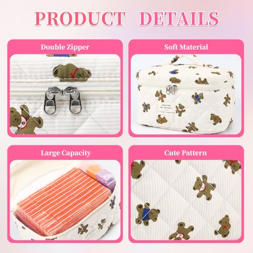 3PCS Coquette Makeup Bag,Quilted Cosmetic Bag Large Make Up Bag Set,Quilted Portable Toiletry Organizer Bag,Cotton Travel Skincare Bag for Women Girls (03-Brown Bear) - style: 03-brown Bear