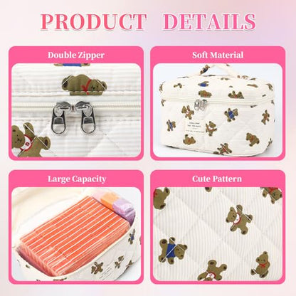 3PCS Coquette Makeup Bag,Quilted Cosmetic Bag Large Make Up Bag Set,Quilted Portable Toiletry Organizer Bag,Cotton Travel Skincare Bag for Women Girls (03-Brown Bear) - style: 03-brown Bear